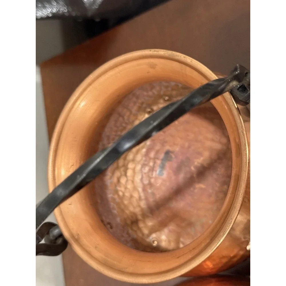 VTG Set Of 2 Hammered Copper Pot Cauldron Germany Bail Wrought Iron Handles Feet